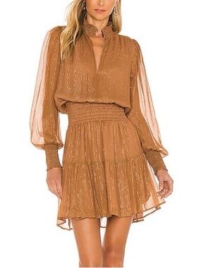 A.L.C. Metallic Tan Ruffled Neck Mini Dress